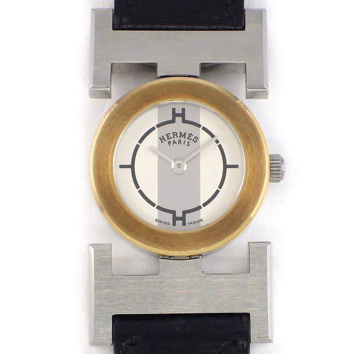 【5日限定★対象品3％OFF＆全品P3倍】 エルメス HERMES 腕時計 パプリカ PA1.220 □G刻印 グレー/ホワイト文字盤 ブラック レザーベルト SS GP クオーツアナログ 【中古】