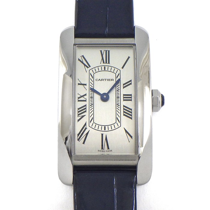 【5日限定★対象品3％OFF＆全品P3倍】 カルティエ Cartier 腕時計 タンク アメリカン SM WSTA0117 2026年3月ギャラ サテンブラッシュ仕上げ シルバー文字盤 SS シャイニー ブルー アリゲーターレザーベルト クオーツアナログ 【箱・保付き】 【中古】