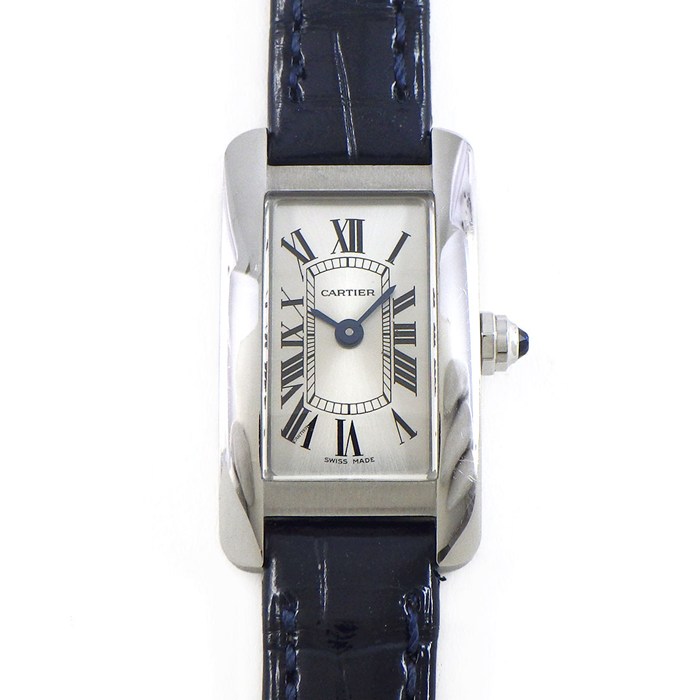 【5日限定★対象品3％OFF＆全品P3倍】 カルティエ Cartier 腕時計 タンク アメリカン ミニ WSTA0032 レクタンギュラー サンレイ シルバー文字盤 SS ネイビーブルー アリゲーターレザーベルト クオーツアナログ 【箱・保付き】 【中古】