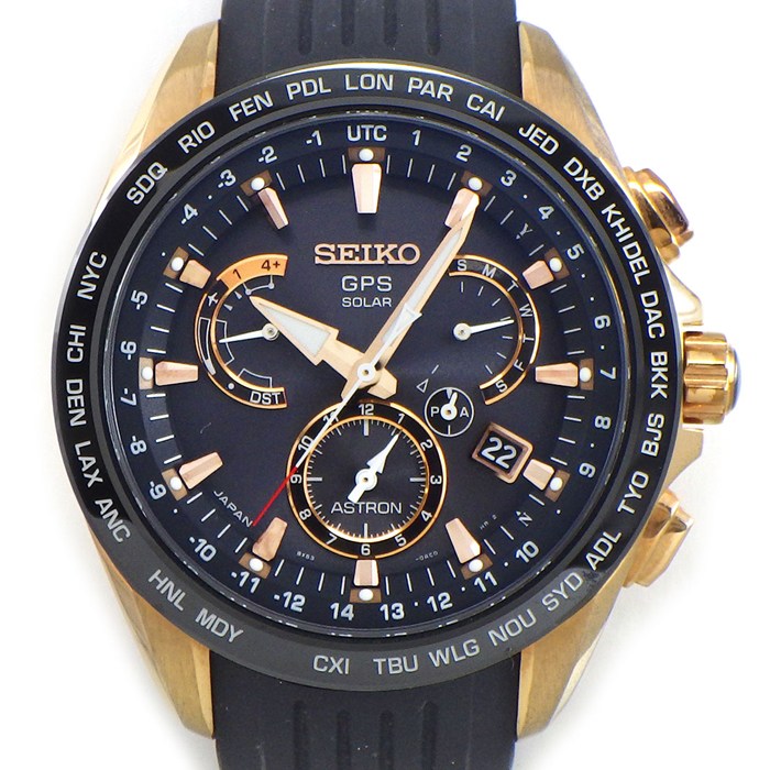 【5日限定★対象品3％OFF＆全品P3倍】 セイコー SEIKO 腕時計 アストロン SBXB055/8X53-0AC0-2 ブラック文字盤 夜光インデックス 夜光針 パワーリザーブ表示機能 デイデイト ワールドタイム機能 ラバーベルト GP SS GPSソーラー 【箱・保付き】 【中古】