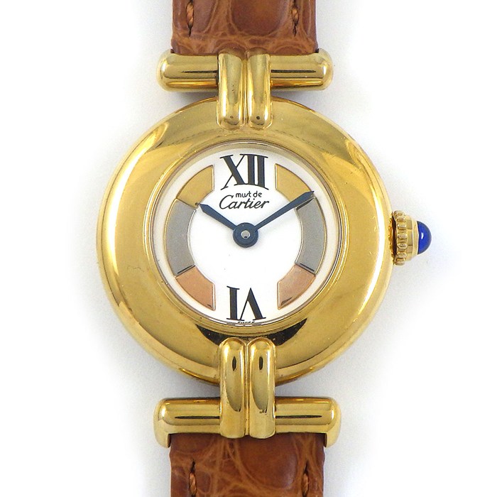 【5日限定★対象品3％OFF＆全品P3倍】 カルティエ Cartier 腕時計 マストコリゼ ヴェルメイユ 590002 トリニティ ホワイト文字盤 ローマンインデックス レザーベルト GP SV925 クオーツアナログ