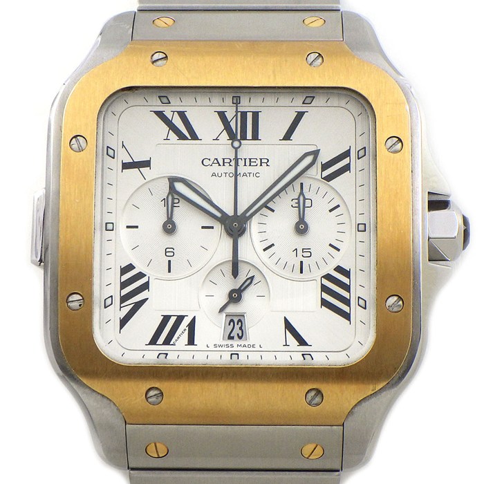 【最大3万円OFFクーポン配布中】 カルティエ Cartier 腕時計 サントス XL W2SA0008 スクエア シルバー文字盤 ローマンインデックス デイト クロノグラフ 夜光針 夜光インデックス スモールセコンド K18YG SS 自動巻き 【箱・保付き】 【中古】