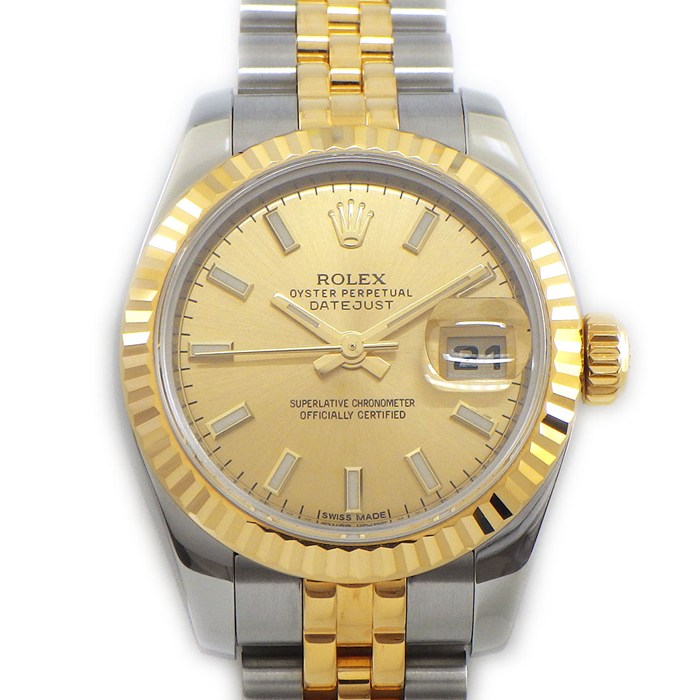 【5日限定★対象品3％OFF＆全品P3倍】 ロレックス Rolex 腕時計 デイトジャスト 179173 ランダムシリアル ルーレット刻印 夜光インデックス 夜光針 サンレイ シャンパンカラー文字盤 K18YG SS 自動巻き 【箱・保付き】 【中古】