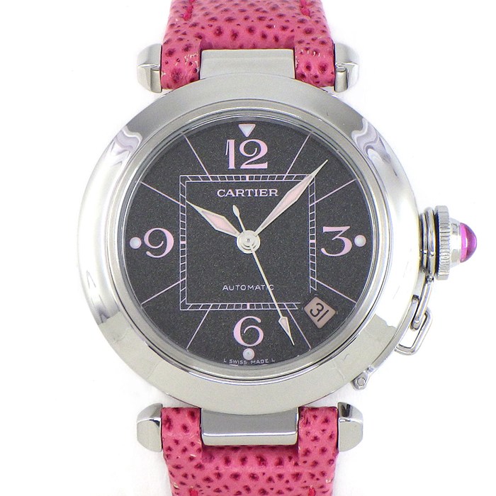 【5日限定★対象品3％OFF＆全品P3倍】 カルティエ Cartier 腕時計 パシャC W3109599 2007年 クリスマス限定モデル デイト 夜光インデックス 夜光針 ラメ入り ブラック文字盤SS ピンク カーフレザーベルト 自動巻き 【OH済み】 【中古】