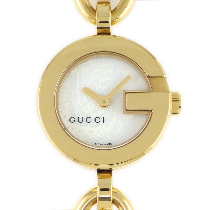 【5日限定★対象品3％OFF＆全品P3倍】 グッチ GUCCI 腕時計 Gチャーム 107 チェーン ブレスレット 花柄 ホワイトシェル文字盤 GP クオーツアナログ 【中古】