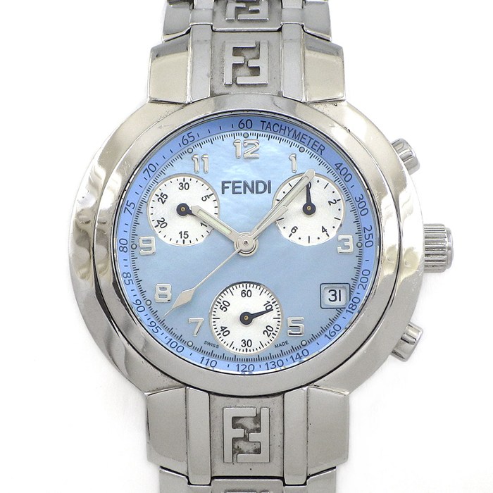 【5日限定★対象品3％OFF＆全品P3倍】 フェンディ FENDI 腕時計 オロロジ 4500L デイト クロノグラフ タキメーター スモールセコンド 夜光インデックス 夜光針 ブルー マザーオブパール文字盤 FFロゴ ズッカ柄ベルト SS クオーツアナログ 【中古】