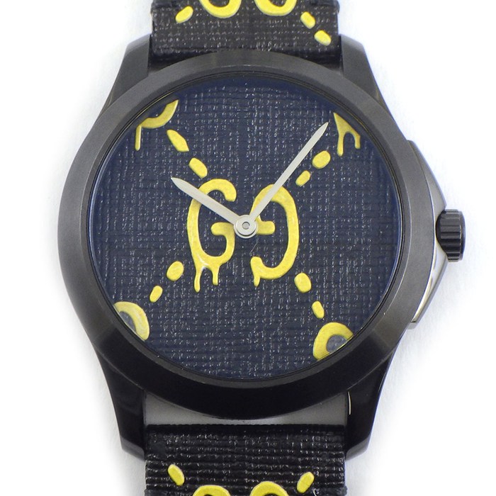 【5日限定★対象品3％OFF＆全品P3倍】 グッチ GUCCI 腕時計 Gタイムレス ゴースト 126.4 ブラック/イエロー文字盤 GG レザーベルト SS クオーツアナログ 【中古】
