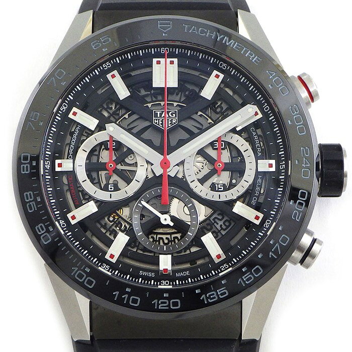 【5日限定★対象品3％OFF＆全品P3倍】 タグ・ホイヤー TAG Heuer 腕時計 カレラ CBG2A10.FT6168 キャリバー ホイヤー02 デイト クロノグラフ タキメーター スモールセコンド ブラック スケルトン文字盤 SS セラミック ラバーベルト 自動巻き 【箱・保付き】 【中古】