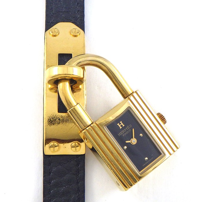 【最大3万円OFFクーポン配布中】 エルメス HERMES 腕時計 ケリーウォッチ KE1.201 〇W刻印 1993年 カデナ ロックモチーフ ブラック文字盤 GP ブラック レザーベルト クオーツアナログ 【中古】