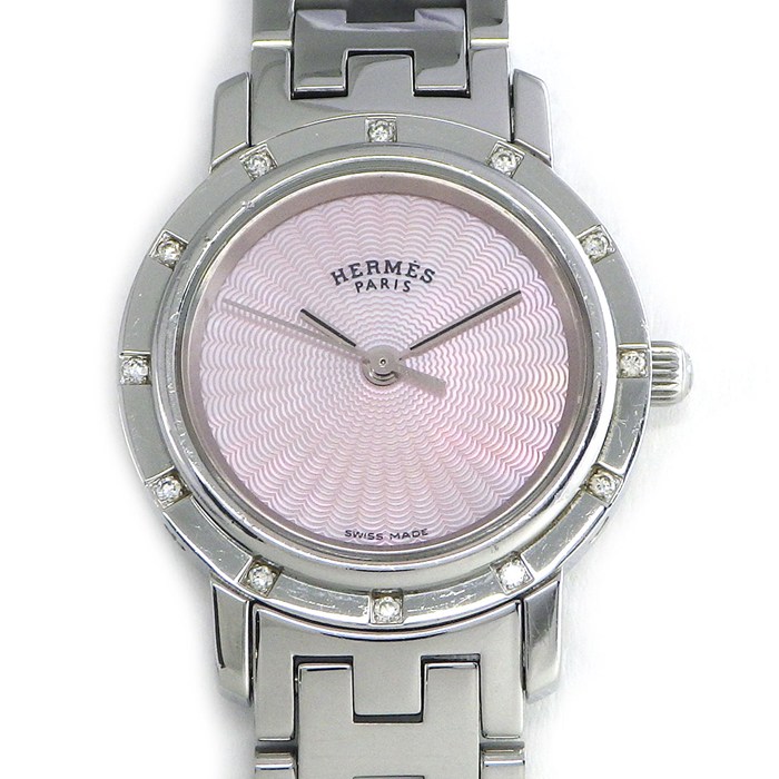 【5日限定★対象品3％OFF＆全品P3倍】 エルメス HERMES 腕時計 クリッパー ナクレ CL4.230 12ポイント ダイヤベゼル ピンクシェル ギョーシェ文字盤 SS クオーツアナログ 【中古】