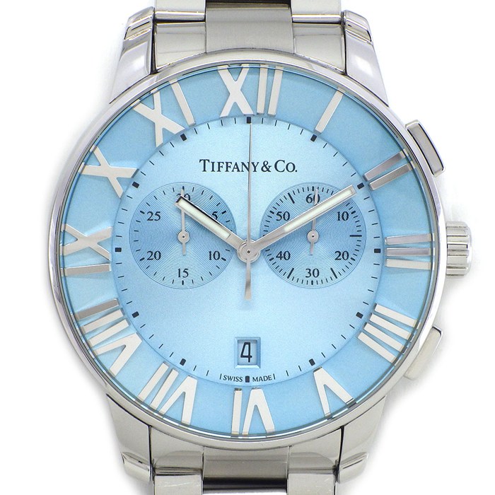 【5日限定★対象品3％OFF＆全品P3倍】 ティファニー Tiffany & Co. 腕時計 アトラスドーム 60656568 ブルー ギョーシェ文字盤 ローマンインデックス デイト クロノグラフ スモールセコンド SS クオーツアナログ 【中古】