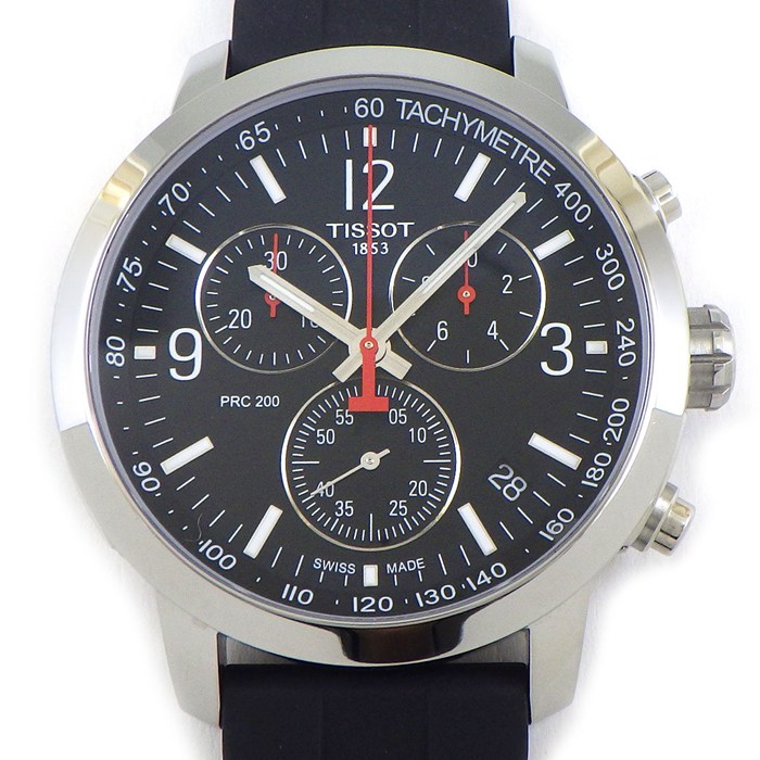 【5日限定★対象品3％OFF＆全品P3倍】 ティソ TISSOT 腕時計 PRC 200 T114.417.17.057.00 ブラック文字盤 デイト クロノグラフ タキメーター 夜光針/インデックス スモールセコンド ラバーベルト SS クオーツアナログ 【箱・保付き】 【中古】