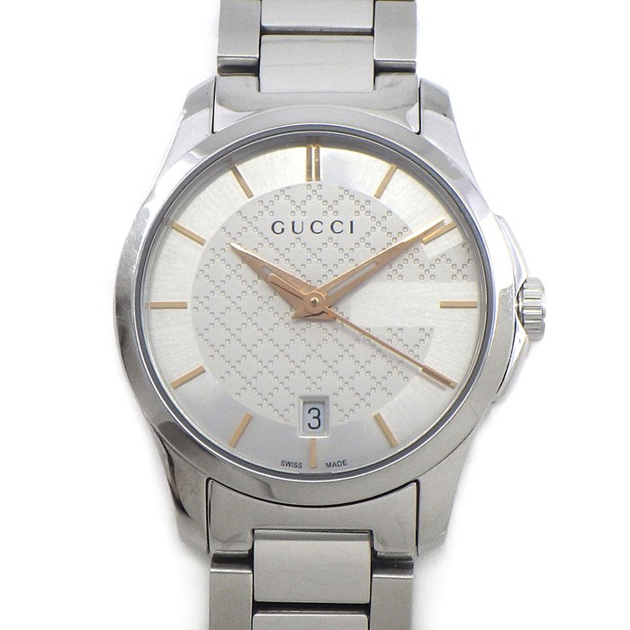 【5日限定★対象品3％OFF＆全品P3倍】 グッチ GUCCI 腕時計 Gタイムレス 126.5/YA126523 デイト ディアマンテ シルバー文字盤 SS クオーツアナログ 【箱・保付き】 【中古】
