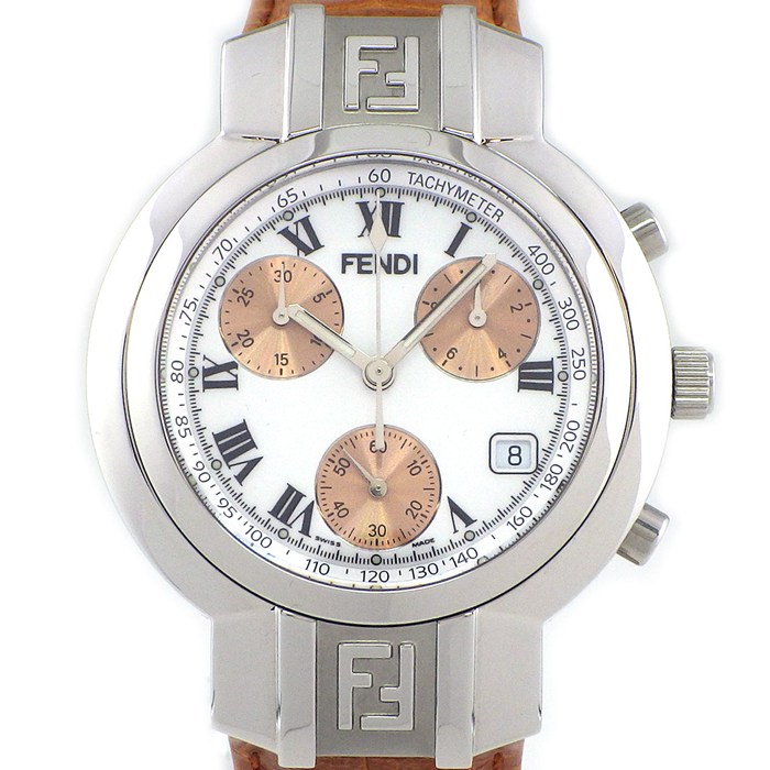 【最大3万円OFFクーポン★15日限定P3倍】 フェンディ FENDI 腕時計 オロロジ 4500G ホワイト文字盤 デイト クロノグラフ タキメーター スモールセコンド レザーベルト SS クオーツアナログ 【箱・保付き】 【中古】