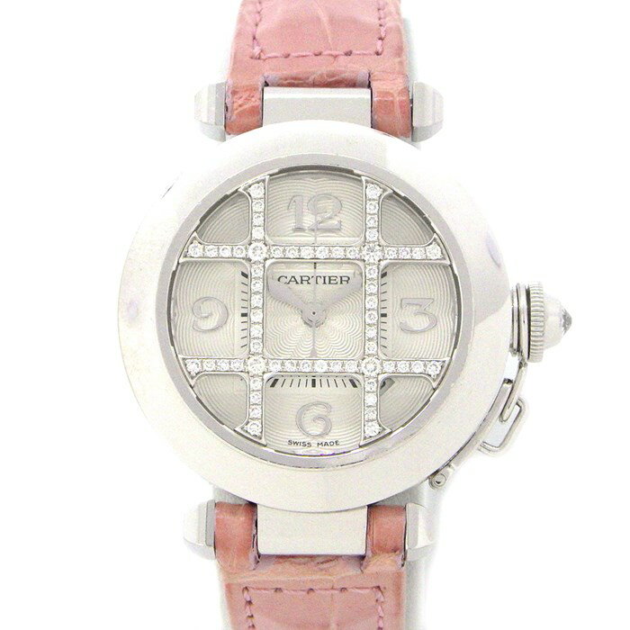 カルティエ Cartier 腕時計 パシャグリッド WJ108156 グリッドダイヤ シルバーギョーシェ文字盤 ダイヤモンド K18WG ピンク クロコ革ベルト 自動巻き 【中古】