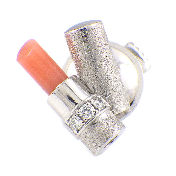 ポーラ POLA ピンブローチ リップスティック 口紅 ルージェ　モチーフ サンゴ ダイヤモンド 0.03ct K18WG 【中古】