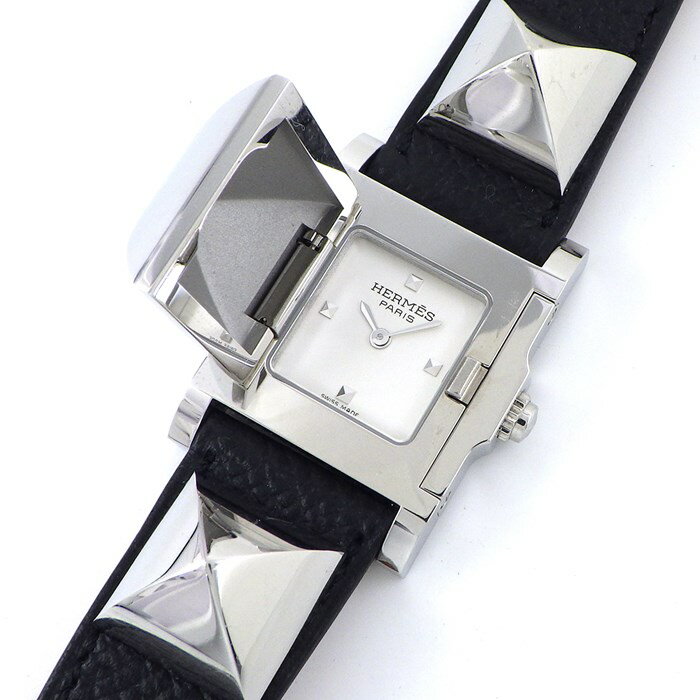 エルメス HERMES 腕時計 メドール ME3.210 シルバー文字盤 T刻印 2015年製 ピラミッドモチーフ SS ブラック 黒 レザーベルト クオーツアナログ 【箱・保付き】 【中古】のサムネイル