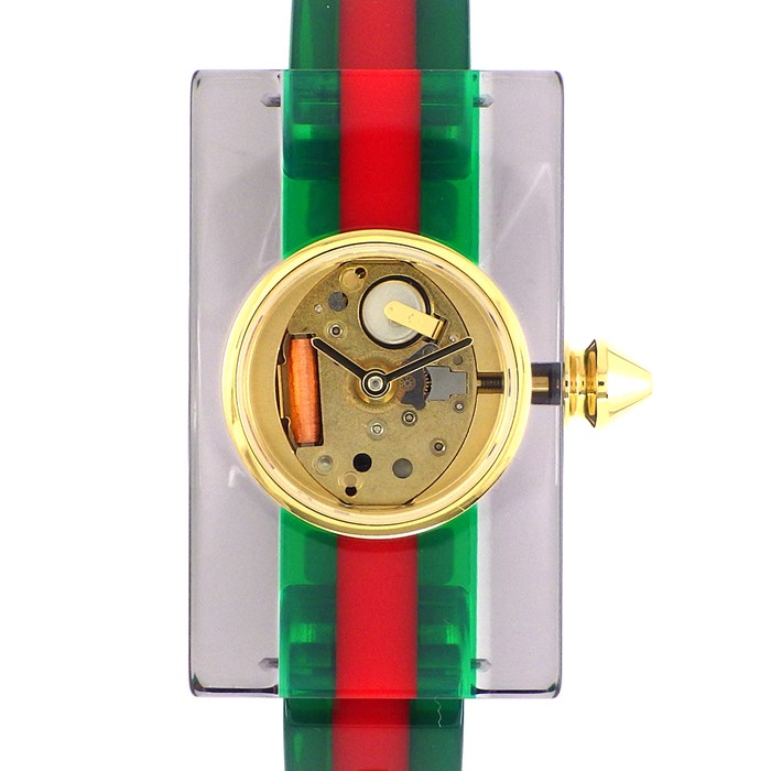 グッチ GUCCI 腕時計 ヴィンテージ ウェブ ミディアム 143.5/YA143506 ゴールド 金 スケルトン 文字盤 ブレスウォッチ シェリーライン スタッズ 鋲 プラスチック バングル SS クオーツアナログ 【箱・保付き】 【中古】のサムネイル