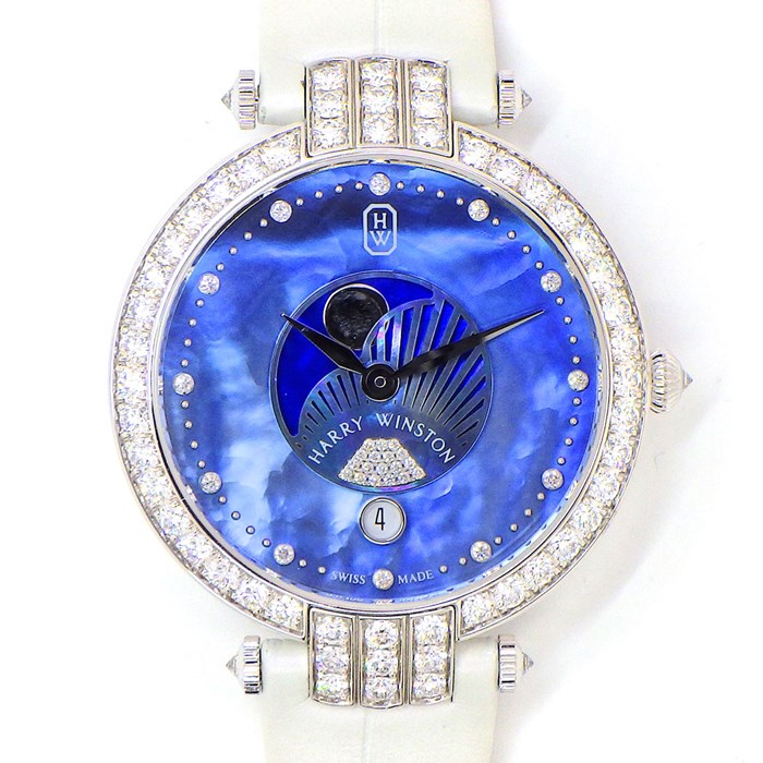 ハリーウィンストン HARRY WINSTON 腕時計 プルミエール ムーンフェイズ 36mm PRNQMP36WW002 カレンダー ダイヤベゼル/ラグ/尾錠 12ポイント ダイヤインデックス カレンダー ブルーシェル 青 文字盤 K18WG ホワイト 白 クロコダイル レザーベルト クオーツアナログ 【中古】