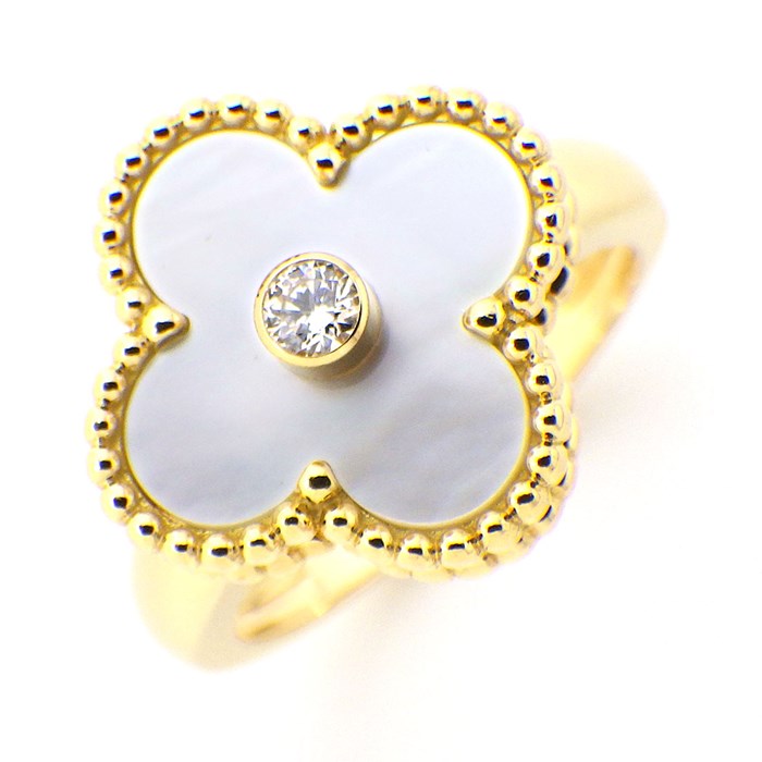 ヴァンクリーフ＆アーペル Van Cleef & Arpels リング ヴィンテージ アルハンブラ ホワイトシェル 白 1ポイント ダイヤモンド K18YG 12号 / #52 【中古】