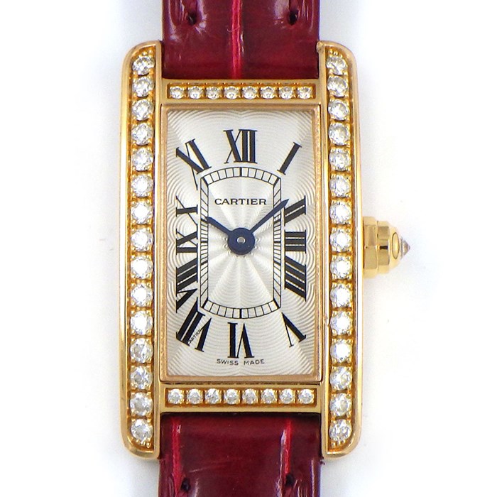 カルティエ Cartier 腕時計 ミニタンクアメリカン WB710014 ダイヤベゼル/リューズ シルバーギョーシェ文字盤 K18PG ボルドー クロコダイルレザーベルト クオーツアナログ 【中古】のサムネイル