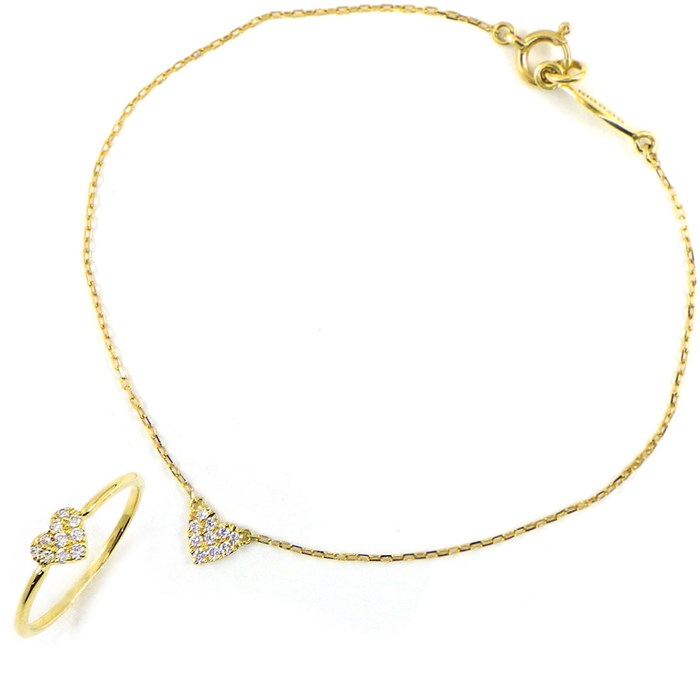 【2点セット】 アーカー AHKAH ブレスレット/ピンキーリング ハートパヴェ VC0108010500/VC0285010300 ダイヤモンド 0.05ct/0.05ct K18YG 4号 【中古】のサムネイル