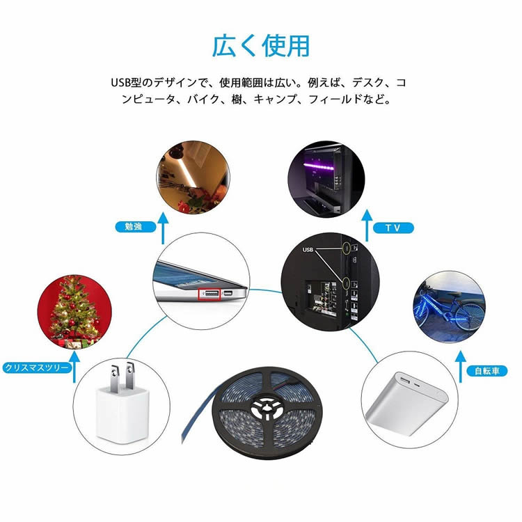 USB電源 5M LED テープライト LEDテレビバックライトキット、 SMD5050 RGB LEDテープ 高輝度 高品質 防水 LEDテープライト DC/5V～24V 両面テープ 間接照明 正面発光 ledイルミネーション