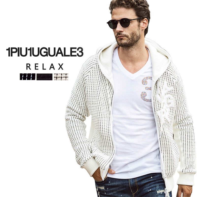 1PIU1UGUALE3 RELAX ウノピュウノウグァーレトレ ランダムロゴワッフルリブパーカー ウノピュウ ウノ ジップ パーカー フーディー メンズ カジュアル トップス ギフト プレゼント