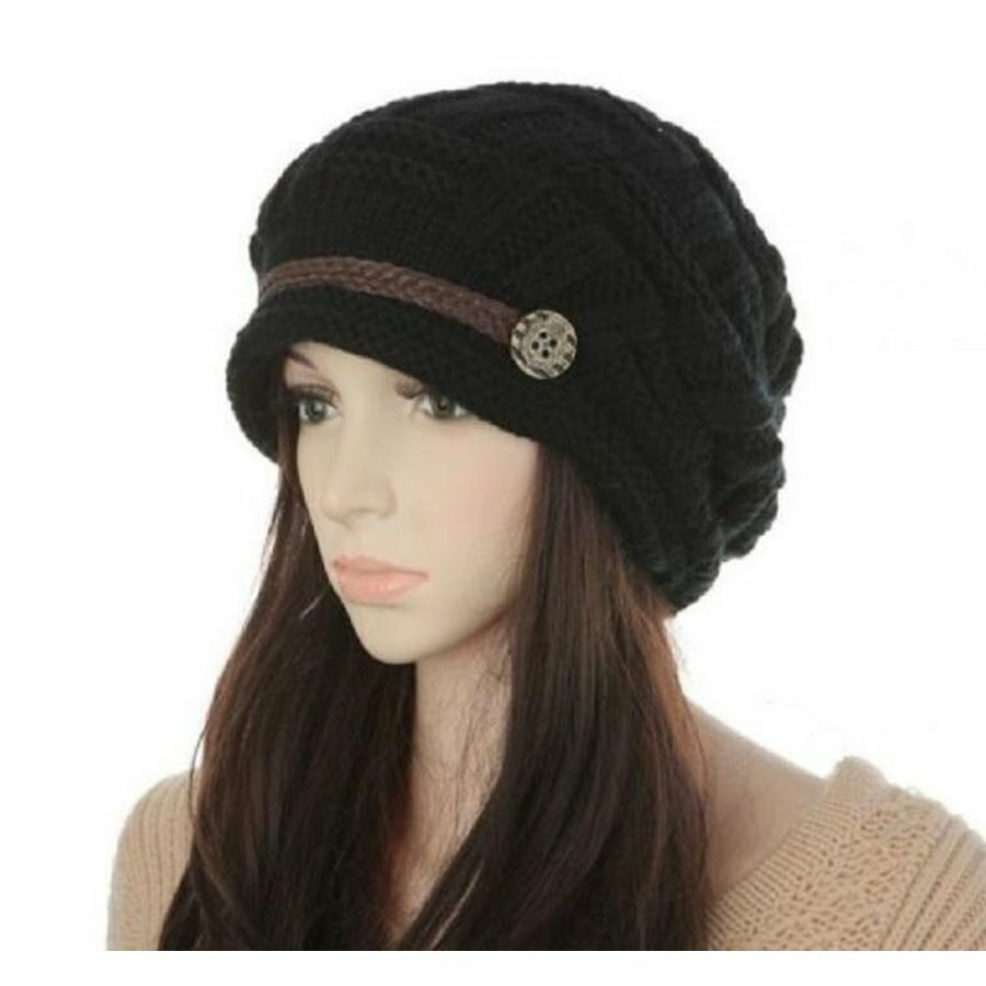 ニット帽 ニット帽子 レディース 編みこみベルト付き 可愛い フリーサイズ 黒 ブラック