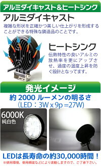 12V/24V作業灯led27W丸型2000LM6000KLED作業灯広角led作業灯作業灯LED12vled作業灯ワークライトled作業灯防水led作業用ライト作業灯LED24vフォークリフトトラック船舶倉庫作業ライト作業灯LED【作業灯LED送料無料】
