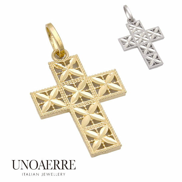 ウノアエレ K18 ペンダント クロス ホワイトゴールド イエローゴールド ダイヤモンドカット モチーフ 重ね付け ペンダントトップ イタリア製 トップ ゴール...