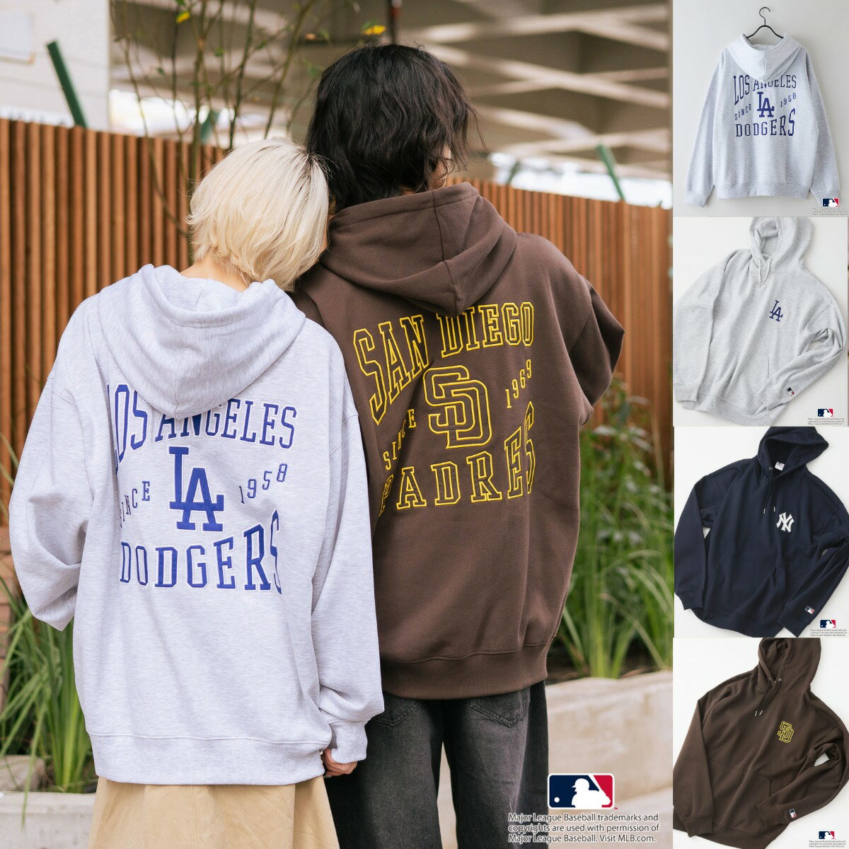 MLB バックロゴ 裏起毛 パーカー フーディー ユニセックス 男女兼用 ドジャース ヤンキース パドレス フード プルオーバー