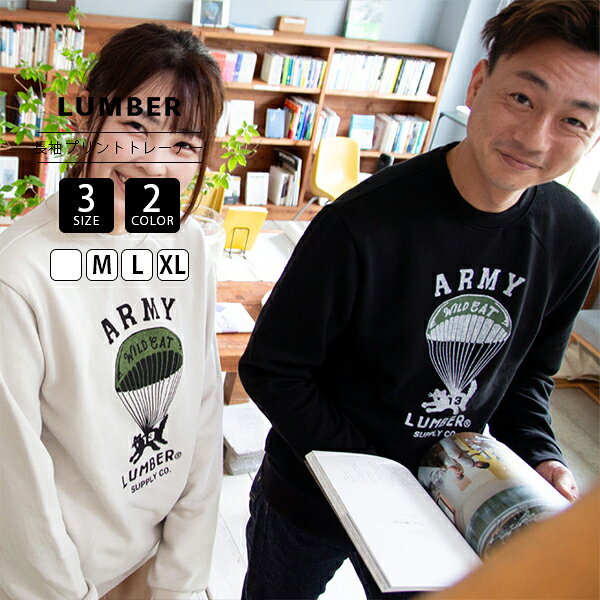 LUMBER ランバー ユニセックス トップス スウェット 長袖 通年アイテム 裏毛 イラスト アメカジ ARMY ねこ パラシュート クルーネック 243558A