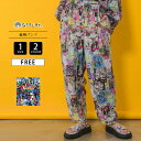 Scolar スカラー レディース 総柄パンツ シアー感 イージーパンツ 派手カワ ウエストゴム ポップ コラージュ柄 キノコ柄 メルヘン柄 ドローコードつき 152653