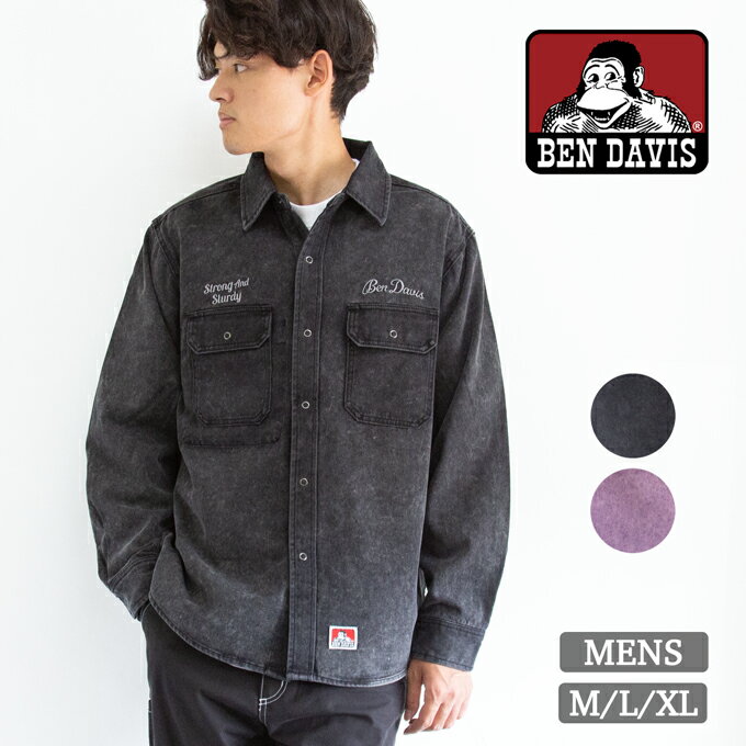 BEN DAVIS ベンデイビス BLEACHED TWILL EMB SHIRT ブリーチド ツイル ワークシャツ T-25780020 / シャツ トップス メンズ レディース アメカジ ロゴ 刺繍 ブリーチ加工 長袖シャツ 秋冬 2025AW