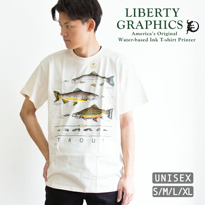 LIBERTY GRAPHICS リバティグラフィックス Trout & Flies Adult Natural T-shirt トラウト ＆ フライズ ナチュラル Tシャツ 386 / トップス カットソー メンズ レディース ユニセックス 釣り アウトドア フライフィッシング デザイン グラフィック 春夏 2025SS