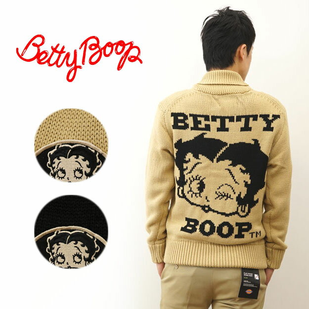 Betty Boop（ベティブープ） ロゴ ワッペン カウチン ニット カーディガン メンズ レディース ライト アウター ブルゾン ジャケット 厚手 刺繍 ベティちゃん アメカジ ストリート バイカー バイク アニメ 映画 キャラクター 秋冬 黒 ブラック ベージュ オフホワイト【BE-62】