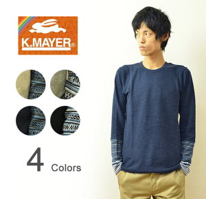 KRIFF MAYER（クリフメイヤー） ジャガードニット 袖切り替え 長袖 ワッフルTシャツ メンズ ロンT サーマル ネイティブ クルーネック インナー カットソー ストレッチ 無地 スリム タイト 細身 重ね着 民族 グレー ホワイト 白 ナチュラル ネイビー ブラック 黒 【1538410】