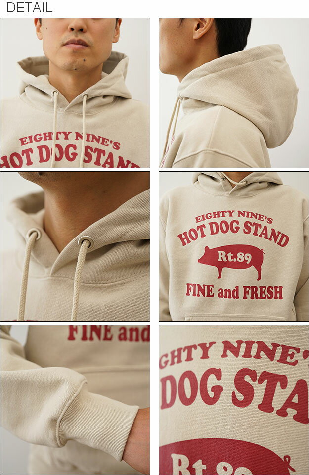 （12ozプルパーカ）『89's HOT DOG』 オリジナル ホットドッグ 豚 モチーフ プリント プルオーバー パーカー 長袖 ヘビーウエイト スウェット メンズ レディース 大きいサイズ ビッグサイズ対応 厚手 裏起毛 リバースウィーブ スエット アメリカ 看板 ブタ 【12PP-HOTDO】 - Image 3