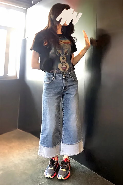 INDIMARK インディマーク レディース ジーンズ 折り返し風デザイン バギー フレア デニム ブリーチ WJ064