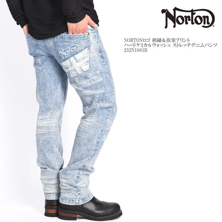 楽天ジーンズファースト駒込店ノートン NORTON ジーンズ NORTONロゴ 刺繍＆抜染プリント ハードケミカルウォッシュ ストレッチデニムパンツ 232N1801B-095BLEACH