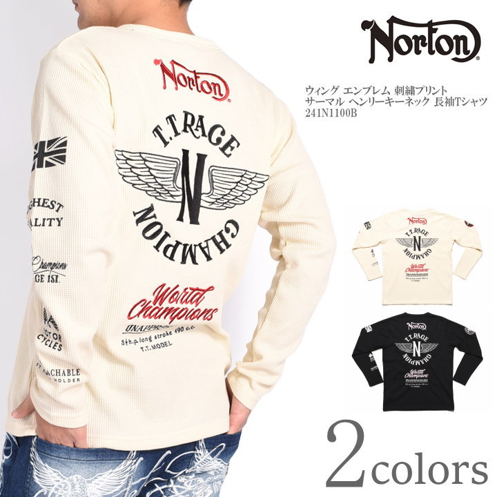 楽天ジーンズファースト駒込店ノートン NORTON ロンT ウィング エンブレム 刺繍プリント サーマル ヘンリーキーネック 長袖Tシャツ 241N1100B【2024春新作】