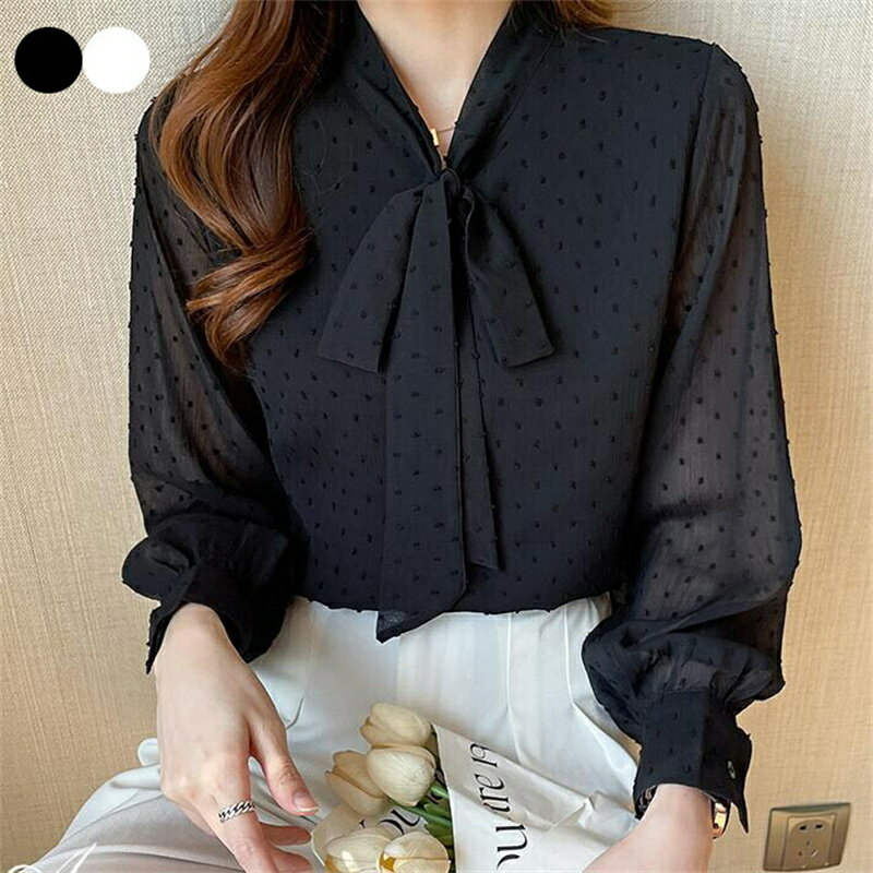 乐天商城 - ブラウス　レディース　シフォン　シャツ ボウタイ　リボン　フェミニン きれいめ 可愛い　胸元 長袖　 大きいサイズ　透け　卒業式 卒園式 オフィス　OL おしゃれ　薄手 　春　秋　S M L XL
