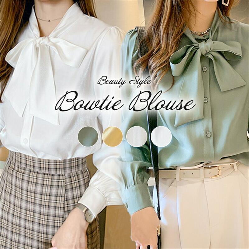 乐天商城 - エレガント ボウタイ 無地 ブラウス ふんわり 上品 長袖 リボン / レディース トップス シャツ リボンタイ ボウタイブラウス バルーン袖 ボリューム袖 オフィス カジュアル 通勤 冬 秋 春 夏 白 ホワイト ボウタイブラウス レディース ボウタイブラウス