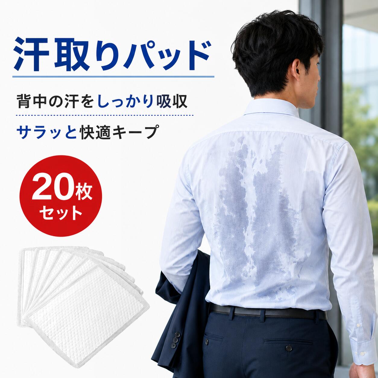 商品の特徴 【背中用の汗取りパッドで、汗かきさんも安心の吸汗シート】 ◎強力吸汗・しっかり吸収してサラサラ感をキープ汗を素早く吸収し、しっかり閉じ込める吸汗ロック設計。気になる脇汗を外側へ広がりにくくし、衣服の汗ジミ対策に役立ちます。汗ばむ季節や長時間の外出、通勤・通学、仕事中でも衣服を清潔で快適な状態に保ちやすく、サラッとした着心地をサポートします。 ◎わずか約1mmの超薄型三層構造吸収層・防水層・肌当たりのよい表面層を組み合わせた三層構造ながら、厚さはわずか約1mmの超薄型仕様。装着しても目立ちにくく、衣服のシルエットを損ないにくいのが特徴です。薄手のシャツやブラウスにも使いやすく、自然な着用感で毎日快適にお使いいただけます。 ◎一体型の無塵成型でより衛生的一体成型加工により、表面がなめらかで清潔感のある仕上がり。ホコリや繊維くずが出にくく、肌に触れる部分も衛生的に使用できます。使い捨てタイプなので、汗をかいた後はそのまま取り替えるだけ。洗濯の手間を減らし、衣類の清潔感を保ちたい方にもおすすめです。 ◎貼りやすくズレにくい・袖の縫い目にフィット衣服の内側に簡単に貼り付けられる粘着タイプで、袖の縫い目に沿って自然にフィットする設計です。動いてもズレにくく、腕を上げたり歩いたりしても違和感が少ない使い心地。通勤、外回り、面接、フォーマルシーンなど、汗ジミが気になる場面で安心して使用できます。 仕様と詳細 素材不織布 サイズ約182mm × 256mm 注意事項 ・簡易包装でお届けいたします。なるべくコミの出ない環境に優し簡易包装にて発送させて頂いております。配送時は丁寧に検品を行高品質な商品のお届けに努めます ・サイズ・重量は、多少の誤差が生じる場合がございます。 ・本製品には国の基準に適合する香料が使用されています。もし香りに敏感な場合は、換気の良い場所に 2 日間放置することで香りが薄れます。 ・手工測量と採寸方法違いより、1-3cmの誤差がございますので、ご了承ください。 ・画面上と実物では多少色具合が異なって見える場合もございますので、予めご了承下さい。 ・火気や高温の場所での保管は避けてください。 ・返品・交換は商品到着後、速やかにご連絡下さい（詳細はショップポリシー参照）。 メーカー希望小売価格はメーカーサイトに基づいて掲載しています商品の特徴 【背中用の汗取りパッドで、汗かきさんも安心の吸汗シート】 ◎強力吸汗・しっかり吸収してサラサラ感をキープ汗を素早く吸収し、しっかり閉じ込める吸汗ロック設計。気になる脇汗を外側へ広がりにくくし、衣服の汗ジミ対策に役立ちます。汗ばむ季節や長時間の外出、通勤・通学、仕事中でも衣服を清潔で快適な状態に保ちやすく、サラッとした着心地をサポートします。 ◎わずか約1mmの超薄型三層構造吸収層・防水層・肌当たりのよい表面層を組み合わせた三層構造ながら、厚さはわずか約1mmの超薄型仕様。装着しても目立ちにくく、衣服のシルエットを損ないにくいのが特徴です。薄手のシャツやブラウスにも使いやすく、自然な着用感で毎日快適にお使いいただけます。 ◎一体型の無塵成型でより衛生的一体成型加工により、表面がなめらかで清潔感のある仕上がり。ホコリや繊維くずが出にくく、肌に触れる部分も衛生的に使用できます。使い捨てタイプなので、汗をかいた後はそのまま取り替えるだけ。洗濯の手間を減らし、衣類の清潔感を保ちたい方にもおすすめです。 ◎貼りやすくズレにくい・袖の縫い目にフィット衣服の内側に簡単に貼り付けられる粘着タイプで、袖の縫い目に沿って自然にフィットする設計です。動いてもズレにくく、腕を上げたり歩いたりしても違和感が少ない使い心地。通勤、外回り、面接、フォーマルシーンなど、汗ジミが気になる場面で安心して使用できます。 仕様と詳細 素材不織布 サイズ約182mm × 256mm 注意事項 ・簡易包装でお届けいたします。なるべくコミの出ない環境に優し簡易包装にて発送させて頂いております。配送時は丁寧に検品を行高品質な商品のお届けに努めます ・サイズ・重量は、多少の誤差が生じる場合がございます。 ・本製品には国の基準に適合する香料が使用されています。もし香りに敏感な場合は、換気の良い場所に 2 日間放置することで香りが薄れます。 ・手工測量と採寸方法違いより、1-3cmの誤差がございますので、ご了承ください。 ・画面上と実物では多少色具合が異なって見える場合もございますので、予めご了承下さい。 ・火気や高温の場所での保管は避けてください。 ・返品・交換は商品到着後、速やかにご連絡下さい（詳細はショップポリシー参照）。 メーカー希望小売価格はメーカーサイトに基づいて掲載しています
