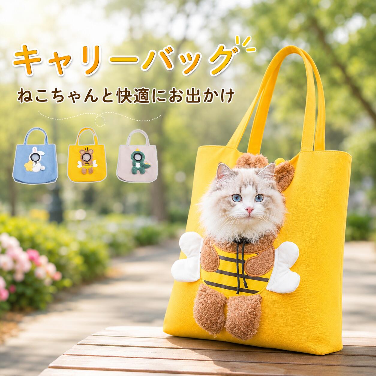 商品の特徴 【可愛い蜜蜂デザインのキャリーバッグで、犬猫兼用のショルダーキャリー】 ◎【顔を出して楽しめる♪かわいいミツバチデザイン】バッグの中に入れたままでも、愛猫・愛犬が顔をひょこっと出して外の景色を楽しめる、遊び心のあるキャリーバッグです。開口部のまわりにはやわらかな素材を使用し、ペットの顔まわりにもやさしくフィット。キュートなミツバチモチーフがアクセントになっており、お出かけ中の姿もとっても愛らしく、写真映えするデザインに仕上げました。お散歩や通院、旅行、ちょっとしたお買い物など、ペットとの外出をもっと楽しく演出します。 ◎【さらっと快適なキャンバス生地＆丈夫な内側仕様】バッグ本体には、軽やかで扱いやすいキャンバス素材を採用。通気性にも配慮された生地で、バッグ内に熱や湿気がこもりにくく、ペットが快適に過ごしやすい設計です。内側には丈夫でお手入れしやすい生地を使用し、日常使いで気になる摩擦や引っかきにも配慮。ペットの毛が付着しにくく、汚れが気になった際もお手入れしやすいのがポイントです。毎日のちょっとしたお出かけから、長時間の移動まで幅広く活躍します。 ◎【開口部を調整できるドローコード＆飛び出し対策】首元の開口部にはドローコードを備えており、ペットの体格や状態に合わせて開き具合を調整できます。バッグ内部にはリードなどを取り付けられる安全フックを搭載し、さらにバッグ上部にはスナップボタンを配置。好奇心旺盛なペットや、外の環境に興味を持って動きやすい子の急な飛び出しにも配慮した設計です。複数の安全対策を取り入れることで、飼い主さんもより安心して一緒にお出かけできます。 ◎【約255gの超軽量設計＆便利な2WAY仕様】バッグ本体は約255gと軽量なので、ペットを入れて持ち運ぶ際の負担をできるだけ軽減。長めの持ち手を採用しているため、肩に掛けてラクに持ち歩けるだけでなく、手提げバッグとしても使用できます。両手が空けやすい肩掛けスタイルと、サッと持ち運べる手提げスタイルをシーンに合わせて使い分け可能。お散歩、動物病院への通院、旅行、近所へのお出かけなど、さまざまな場面で便利にお使いいただけます。 仕様と詳細 素材帆布素材 サイズ約38x38cm、約45x45cm 注意事項 ・簡易包装でお届けいたします。なるべくコミの出ない環境に優し簡易包装にて発送させて頂いております。配送時は丁寧に検品を行高品質な商品のお届けに努めます ・サイズ・重量は、多少の誤差が生じる場合がございます。 ・本製品には国の基準に適合する香料が使用されています。もし香りに敏感な場合は、換気の良い場所に 2 日間放置することで香りが薄れます。 ・手工測量と採寸方法違いより、1-3cmの誤差がございますので、ご了承ください。 ・画面上と実物では多少色具合が異なって見える場合もございますので、予めご了承下さい。 ・火気や高温の場所での保管は避けてください。 ・返品・交換は商品到着後、速やかにご連絡下さい（詳細はショップポリシー参照）。商品の特徴 【可愛い蜜蜂デザインのキャリーバッグで、犬猫兼用のショルダーキャリー】 ◎【顔を出して楽しめる♪かわいいミツバチデザイン】バッグの中に入れたままでも、愛猫・愛犬が顔をひょこっと出して外の景色を楽しめる、遊び心のあるキャリーバッグです。開口部のまわりにはやわらかな素材を使用し、ペットの顔まわりにもやさしくフィット。キュートなミツバチモチーフがアクセントになっており、お出かけ中の姿もとっても愛らしく、写真映えするデザインに仕上げました。お散歩や通院、旅行、ちょっとしたお買い物など、ペットとの外出をもっと楽しく演出します。 ◎【さらっと快適なキャンバス生地＆丈夫な内側仕様】バッグ本体には、軽やかで扱いやすいキャンバス素材を採用。通気性にも配慮された生地で、バッグ内に熱や湿気がこもりにくく、ペットが快適に過ごしやすい設計です。内側には丈夫でお手入れしやすい生地を使用し、日常使いで気になる摩擦や引っかきにも配慮。ペットの毛が付着しにくく、汚れが気になった際もお手入れしやすいのがポイントです。毎日のちょっとしたお出かけから、長時間の移動まで幅広く活躍します。 ◎【開口部を調整できるドローコード＆飛び出し対策】首元の開口部にはドローコードを備えており、ペットの体格や状態に合わせて開き具合を調整できます。バッグ内部にはリードなどを取り付けられる安全フックを搭載し、さらにバッグ上部にはスナップボタンを配置。好奇心旺盛なペットや、外の環境に興味を持って動きやすい子の急な飛び出しにも配慮した設計です。複数の安全対策を取り入れることで、飼い主さんもより安心して一緒にお出かけできます。 ◎【約255gの超軽量設計＆便利な2WAY仕様】バッグ本体は約255gと軽量なので、ペットを入れて持ち運ぶ際の負担をできるだけ軽減。長めの持ち手を採用しているため、肩に掛けてラクに持ち歩けるだけでなく、手提げバッグとしても使用できます。両手が空けやすい肩掛けスタイルと、サッと持ち運べる手提げスタイルをシーンに合わせて使い分け可能。お散歩、動物病院への通院、旅行、近所へのお出かけなど、さまざまな場面で便利にお使いいただけます。 仕様と詳細 素材帆布素材 サイズ約38x38cm、約45x45cm 注意事項 ・簡易包装でお届けいたします。なるべくコミの出ない環境に優し簡易包装にて発送させて頂いております。配送時は丁寧に検品を行高品質な商品のお届けに努めます ・サイズ・重量は、多少の誤差が生じる場合がございます。 ・本製品には国の基準に適合する香料が使用されています。もし香りに敏感な場合は、換気の良い場所に 2 日間放置することで香りが薄れます。 ・手工測量と採寸方法違いより、1-3cmの誤差がございますので、ご了承ください。 ・画面上と実物では多少色具合が異なって見える場合もございますので、予めご了承下さい。 ・火気や高温の場所での保管は避けてください。 ・返品・交換は商品到着後、速やかにご連絡下さい（詳細はショップポリシー参照）。