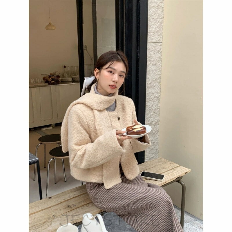 乐天商城 - 新作 韓国系　可愛い　コート+マフラー　クリスマス