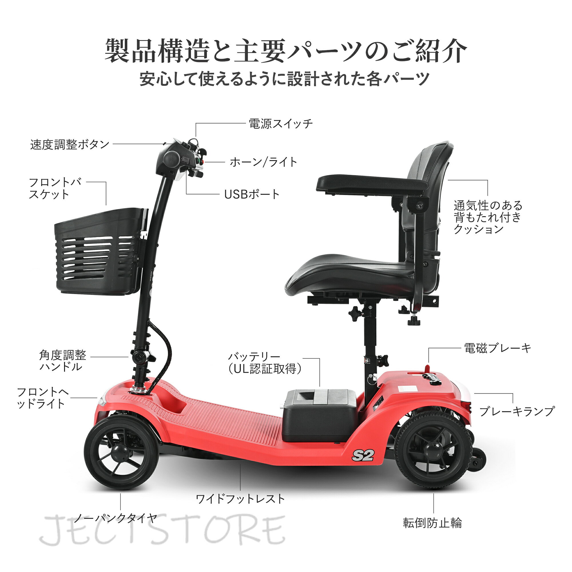 JECTSTOREの高齢者向け4輪電動モビリティスクーター、積載量136KG、速度6KM / H、取り外し可能なバッテリー、USB充電ポート、運転免許証不要 - S2 RED｜アングル2