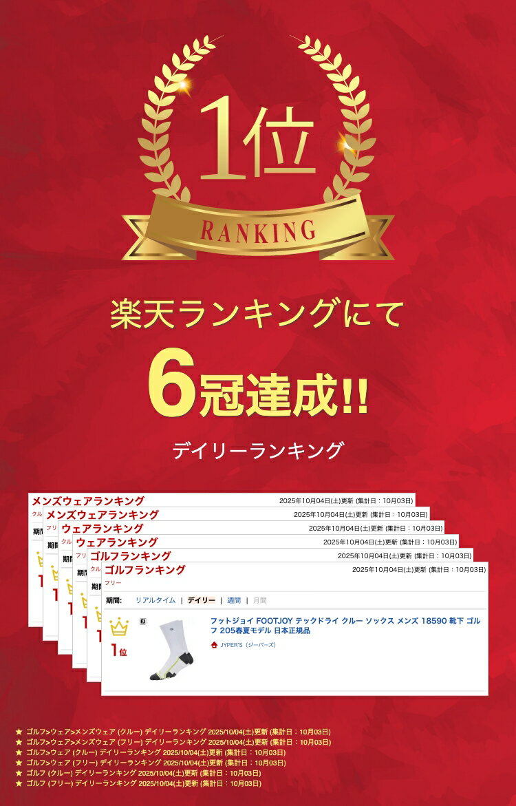 フットジョイ FOOTJOY テックドライ クルー ソックス メンズ 18590 靴下 ゴルフ 205春夏モデル 日本正規品