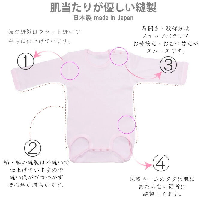 フライス 長袖 ロンパース 肩開き スナップボタン 日本製 （ラモルフェ ベビー肌着 ボディスーツ 肌着 ベビー 長袖 新生児 肌着 赤ちゃん 肌着 敏感肌 ロンパース 無地 70cm 80cm 90cm ベビー服 赤ちゃん baby ） 2